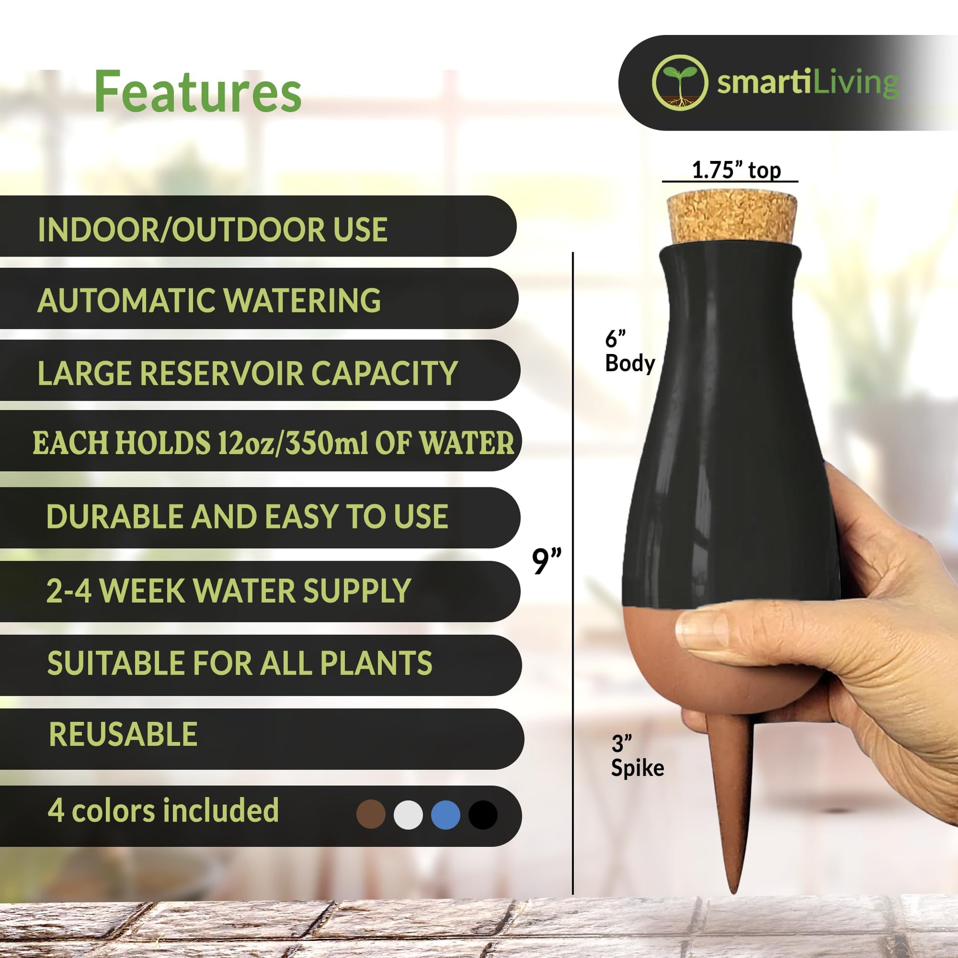 Smarti Living Terracotta Self-Watering System – 12oz capacity, automatic watering, large reservoir, 2-4 week water supply, indoor and outdoor use.