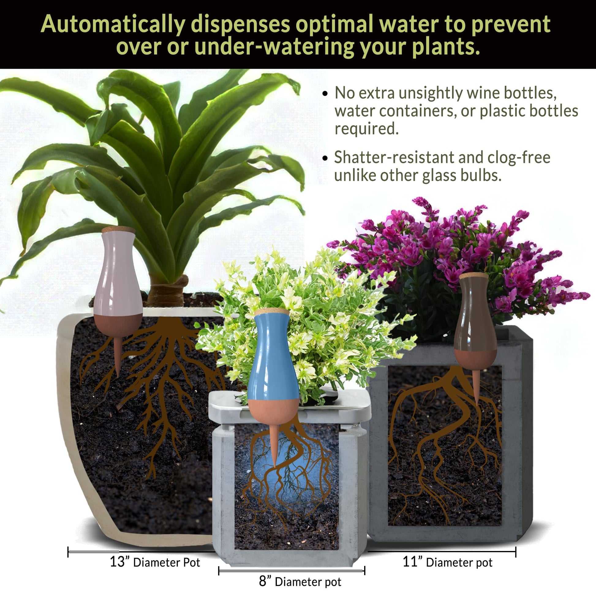 SmartiLiving Terracotta Self-Watering System automatically dispenses optimal water to prevent over or under-watering. Shatter-resistant, clog-free, and fits pots up to 13 inches in diameter.