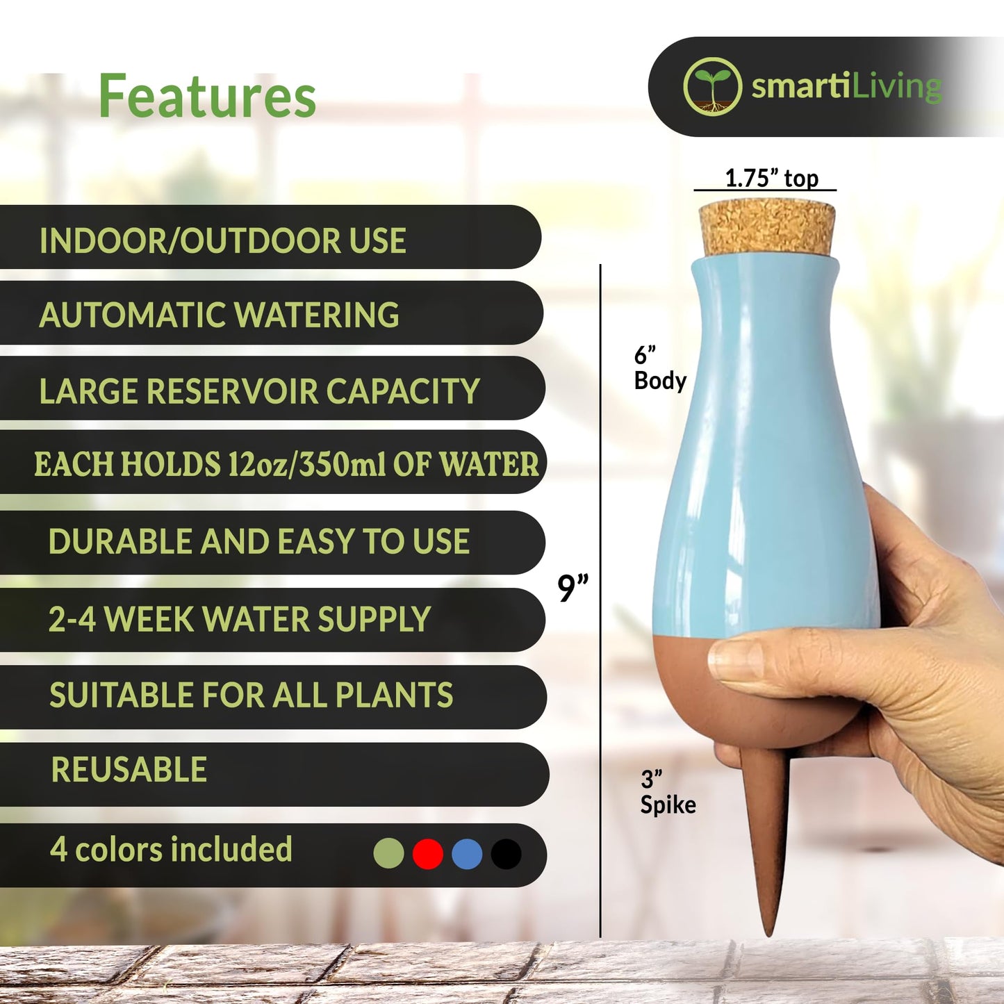 Smarti Living Terracotta Self-Watering System – 12oz capacity, automatic watering, large reservoir, 2-4 week water supply, indoor and outdoor use.