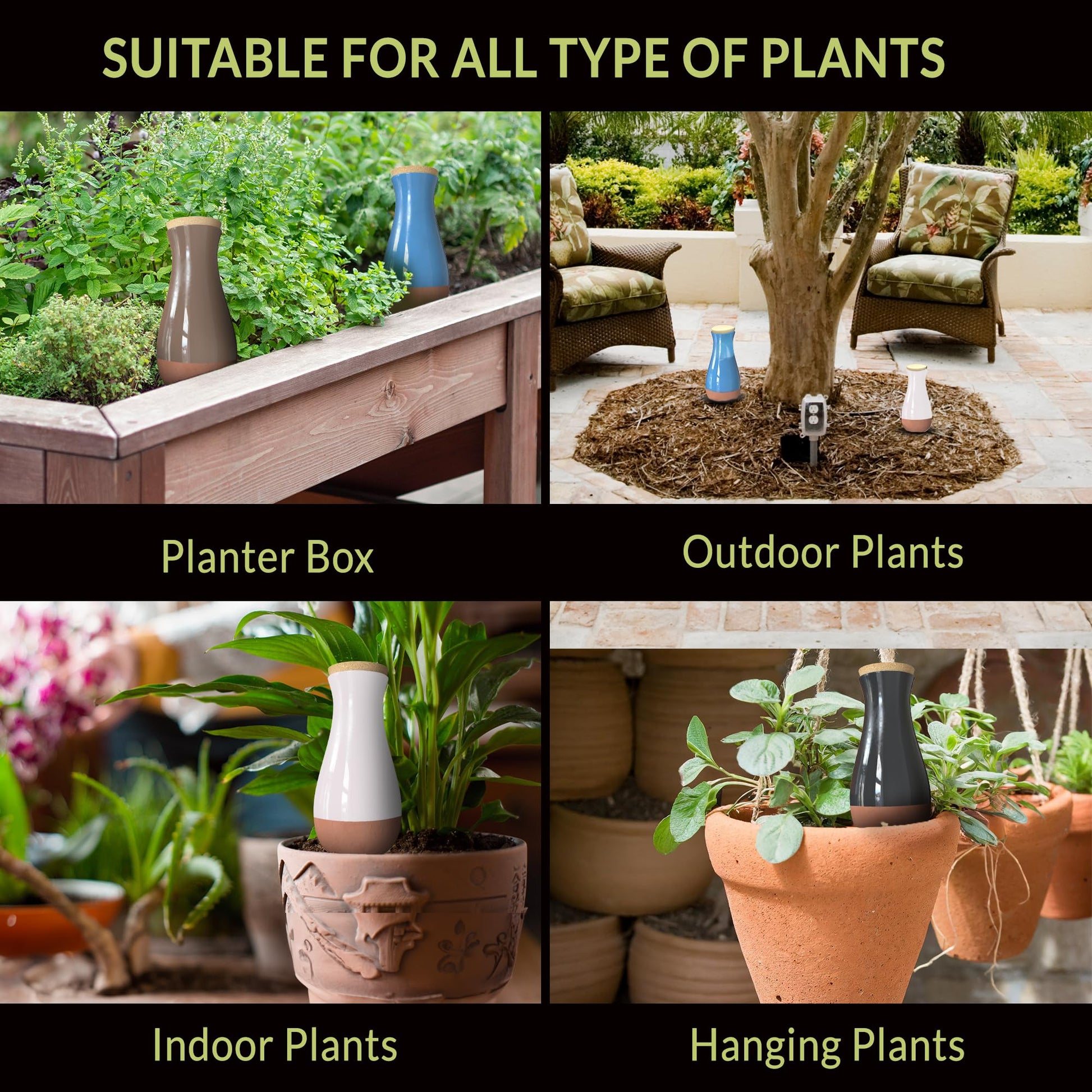 SmartiLiving Self-Watering System suitable for all types of plants, including planter boxes, outdoor plants, indoor plants, and hanging plants.