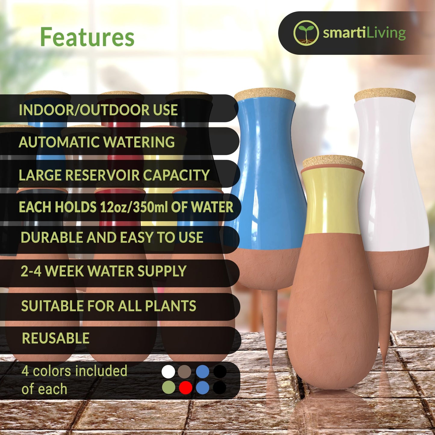 Terracotta Self Watering Planter Insert Kit,4 plant watering Globes & 8 Watering Spikes,Plant Watering Devices Combo that Keep your Plants Healthy & Hydrated(Black, Red, Blue, Yellow, White)